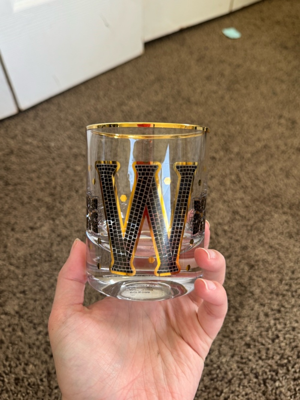 Anthropologie Clear Glass Tumbler with Black & Gold Monogram W